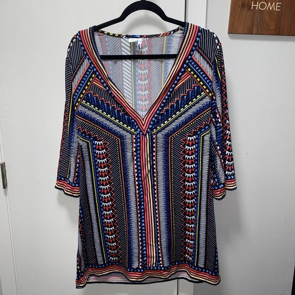 Bar III Large Boho Geometric Tribal Print‎ Deep V Neck Tunic Top Swim Cover Up